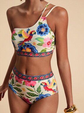 Multicolor Casual Women's Floral Print Asymmetric Neckline Two-Piece Bikini Set